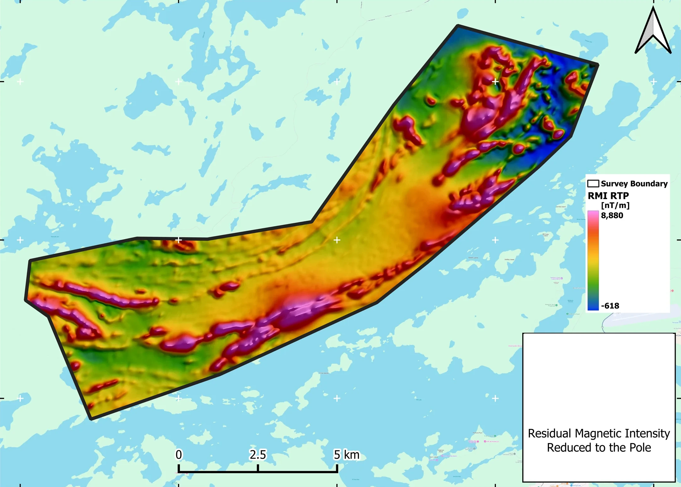 Mapa de intensidad magnética residual (RTP) de un levantamiento magnetométrico con drones de Rosor